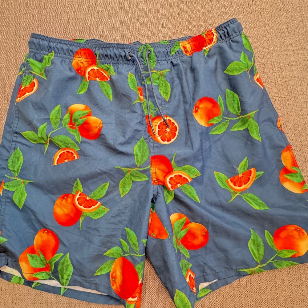Old Navy Mens Swim Trunks Navy Blue Orange Fruit Print Mesh Lined Large